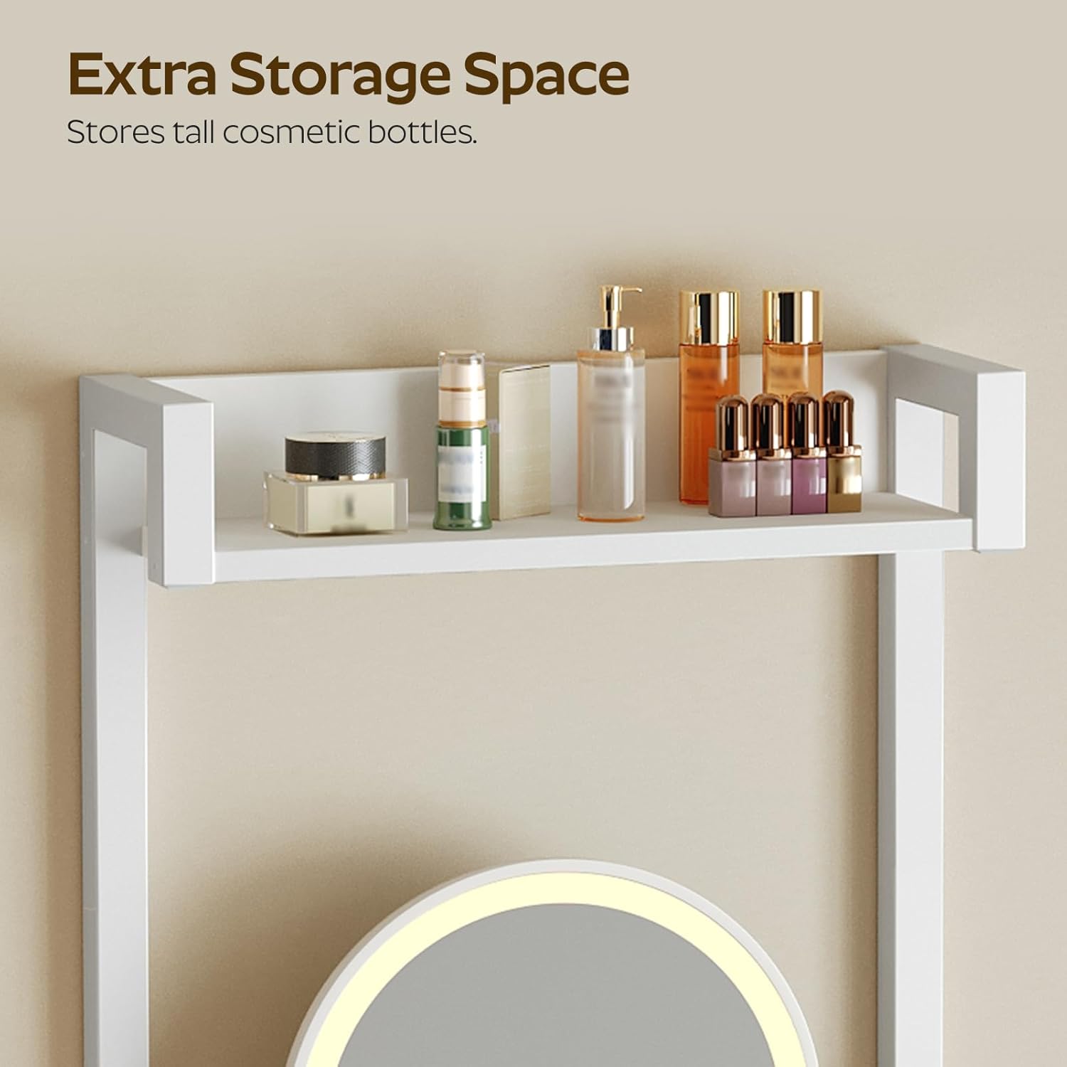 Small Vanity Desk Without Mirror, Makeup Vanity Table for Small Space, Compact White Dressing Table with Fold-up Panel and Fabric Drawer, for Bedroom, Easy Assembly, White