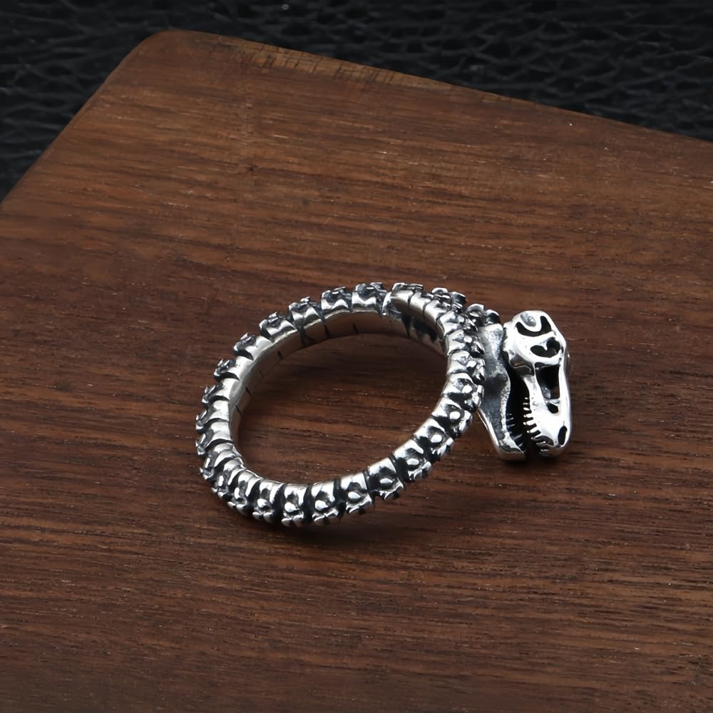 Vintage Schwarz 925 Sterling Silber Dinosaurier Skelett Ring für Herren Damen Verstellbarer Größe 58-63