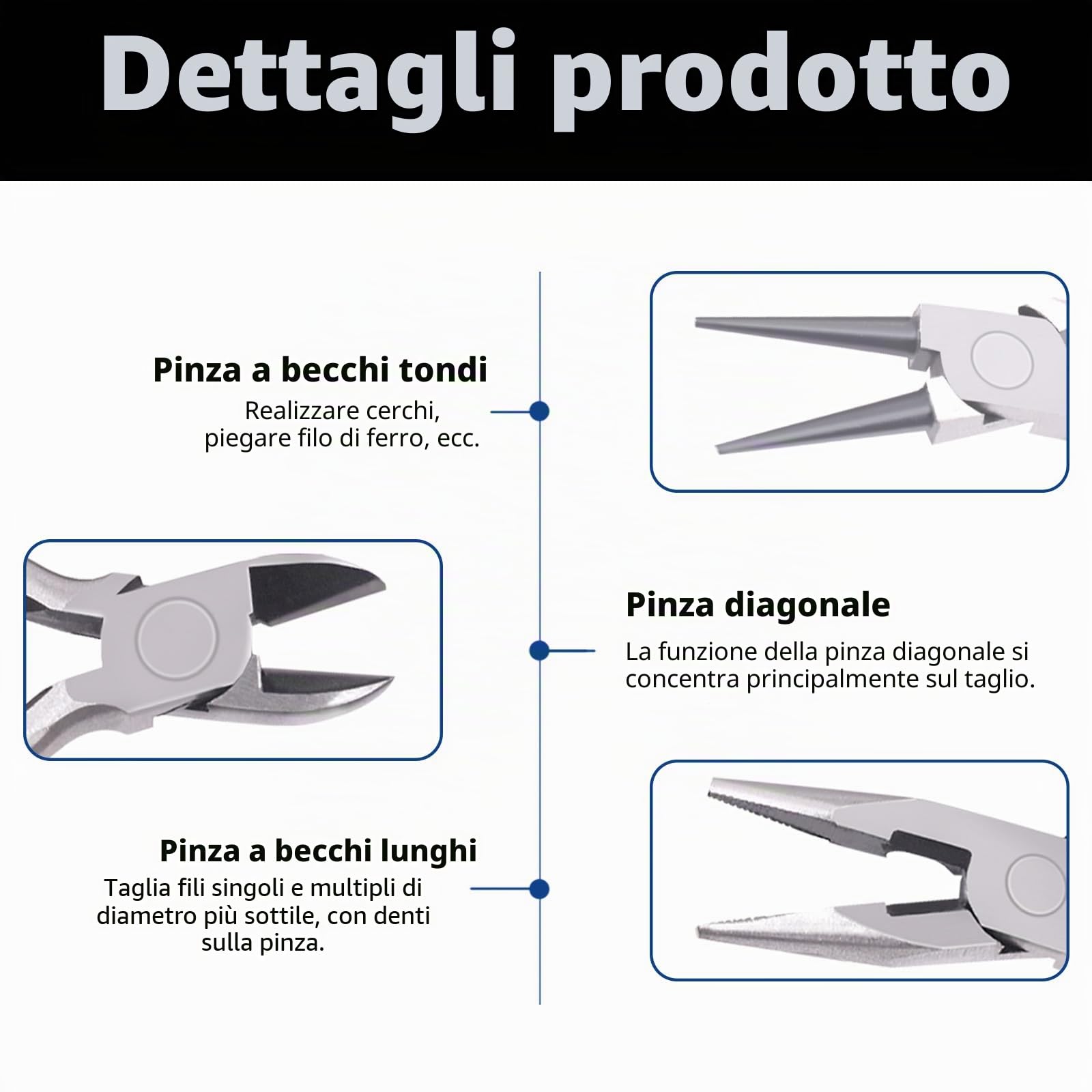 Glarks Kit di 6 pinze per gioielli, kit di strumenti professionali per la creazione di gioielli con pinze ad ago, pinze a becco rotondo, pinze a becchi piegati, tronchesi, pinze a crimpare e pinze