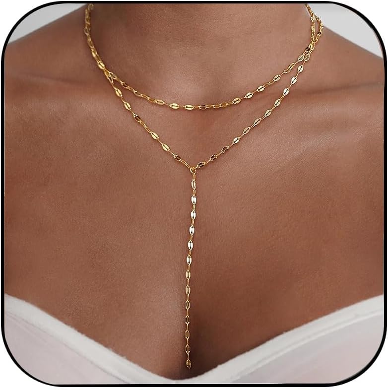 Gold Necklace for Women, Dainty Gold Long Necklaces 14k Gold Plated Prom Lariat Necklace Cute Choker Necklaces for Women Trendy Stuff Fashion Costume Gold Accessories Christmas Jewelry Gifts