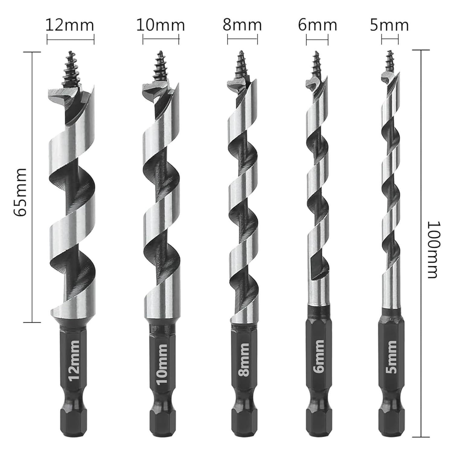 5Pcs 5/6/8/10/12mm Woodworking Ship Auger Drill Bits 1/4inch Hex Quick Change Shank HCS for Soft Hard Wood Hole Saw
