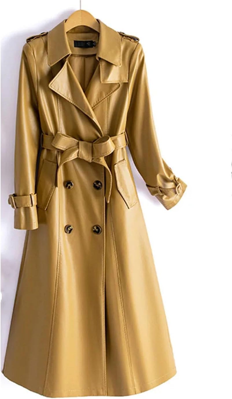 Women Double-Breasted Lace-Up Belt Genuine Leather Trench Coats Mid Length Women Real Sheepskin Windbreaker