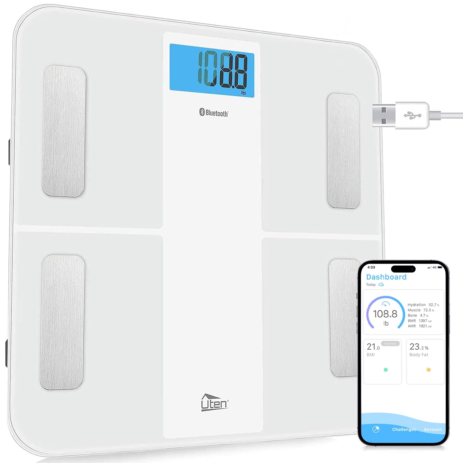 Uten USB Rechargeable Digital Bathroom Scales, Weighing Scale Built-in 3.7V Rechargeable Battery, High Precision Measuring for BMI, Body Fat, Muscle, Smart APP for Fitness Tracking, 28st/180kg/400lb