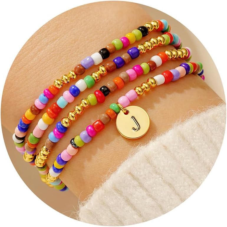 Turandoss4PCS Colorful Beaded Initial Bracelets for Women Teen Girls - Cute Stretch Beaded Bohemian Disc Initial A-Z Stackable Bracelets Jewelry for Girls Women Teens Birthday Gifts