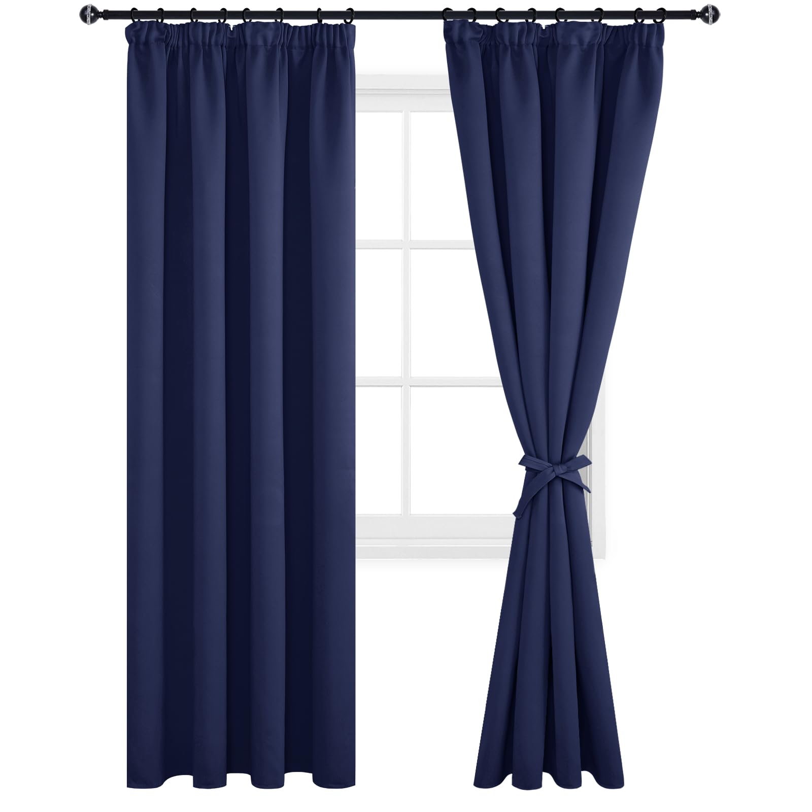 DWCN Vorhänge Blickdicht Gardine Verdunkelungsvorhang Gardinen mit kräuselband 2 Set H245 x B140 cm, Vorhänge Wohnzimmer für Schienensystem mit Vorhang-Krawatten, Thermovorhang, Dunkel Blau