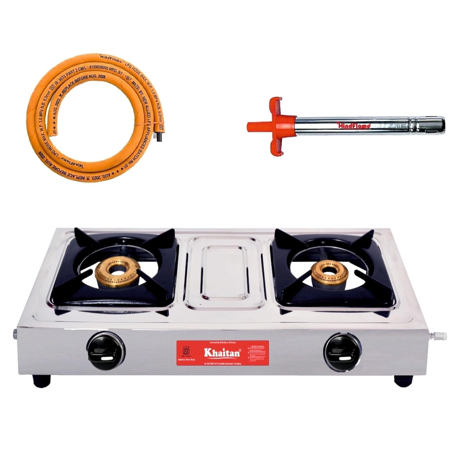 Combo - 1 unit 2 Burner Classic Stainless Steel Manual Gas Stove+ 1 unit HF Kitchen Lighter + 1 unit HF LPG Hose Pipe (1.5 mtr)