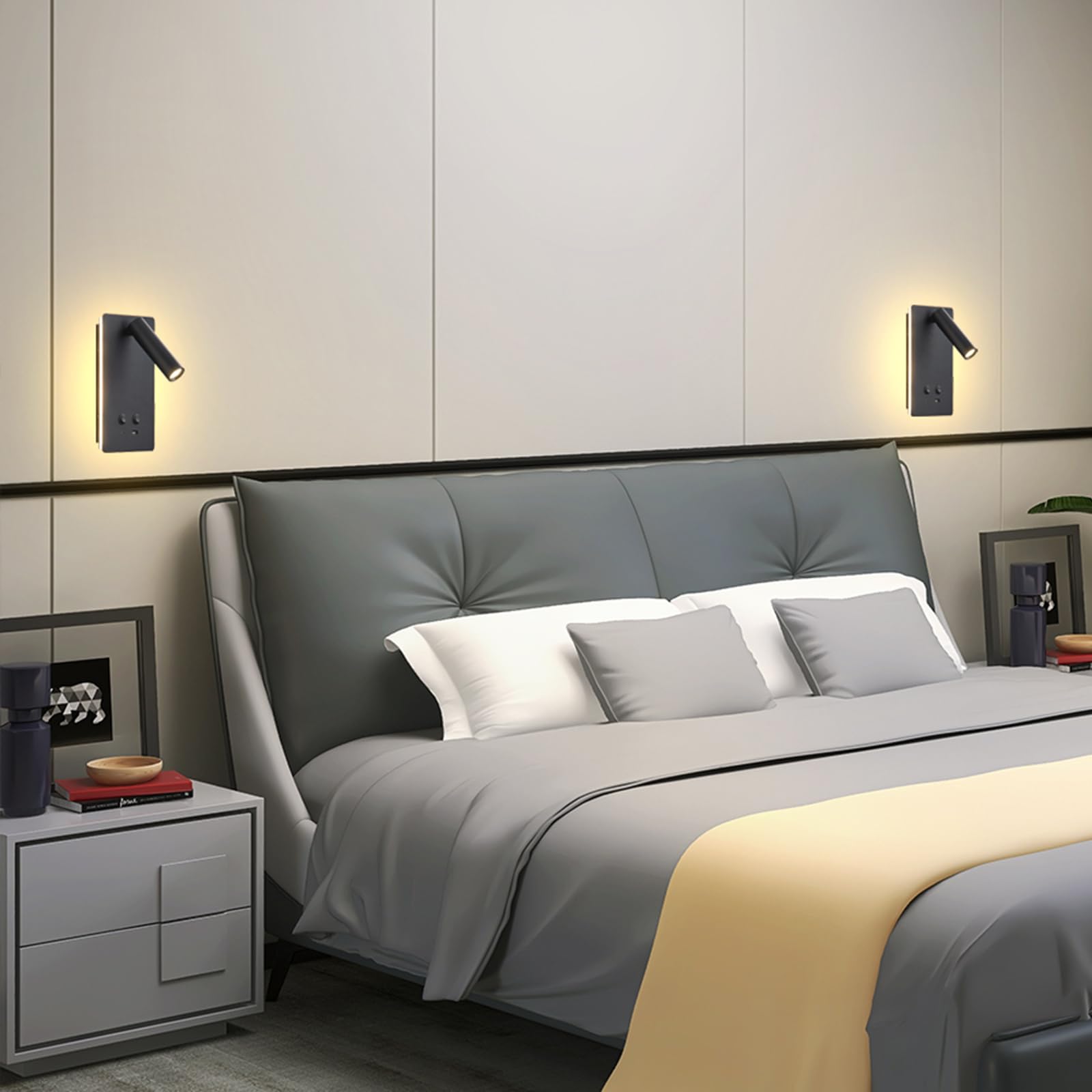 MOLUOLA LED Wandleuchte, Wandmontierte Leselampen Set von 2, Verstellbare Kopfteil Plug-in Wandleuchte mit USB C+A Ports, Kopfteil Nachttischlampe mit 9W+3W Nachtlicht 3000K (Schwarz)