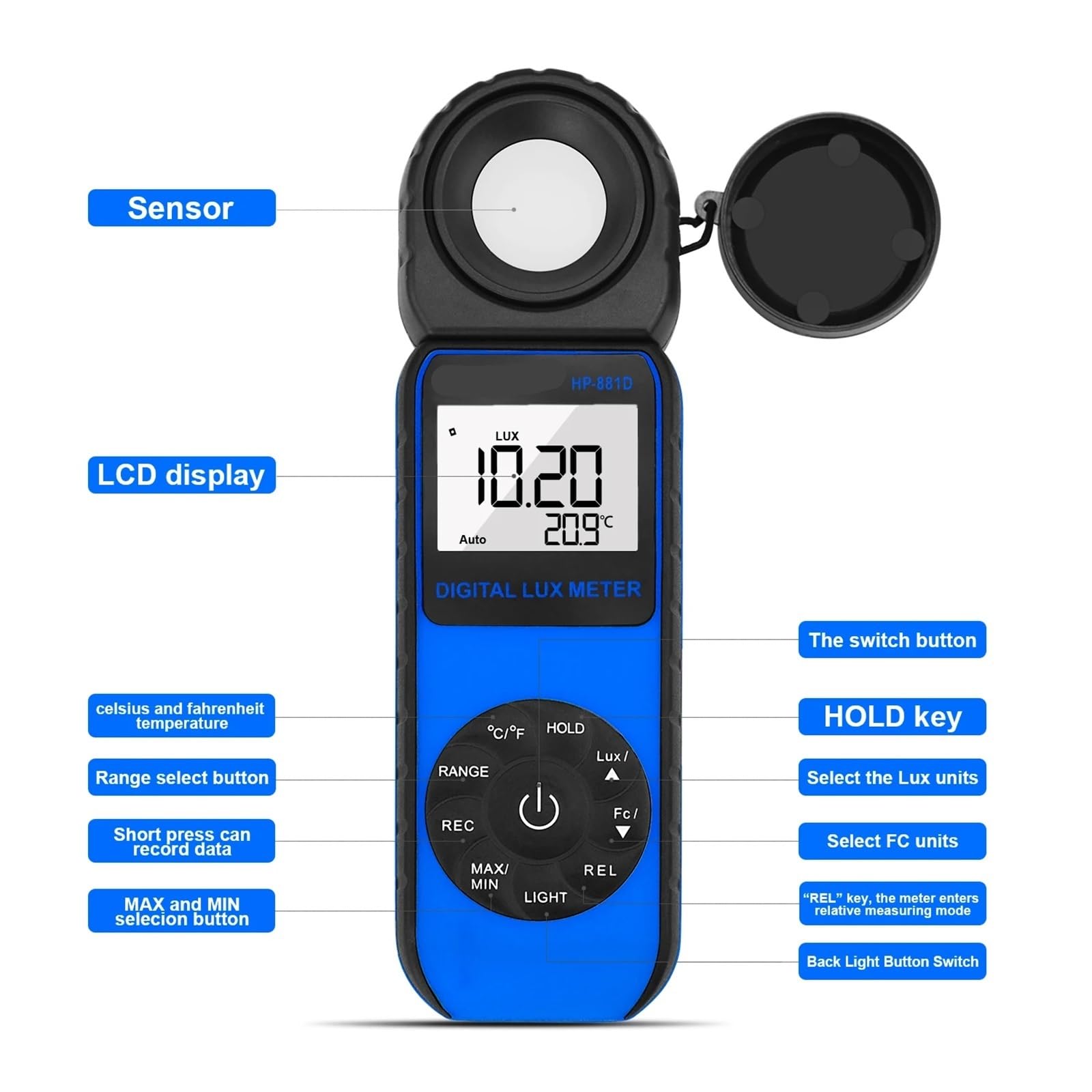 Medidor de luz Digital, Fotómetro Portátil De Intensidad, Lux Digital, Precisión ±4%, Medición 1 A 400000, Cero Automático, 881D para Plantas de Interior y jardín, fotografía