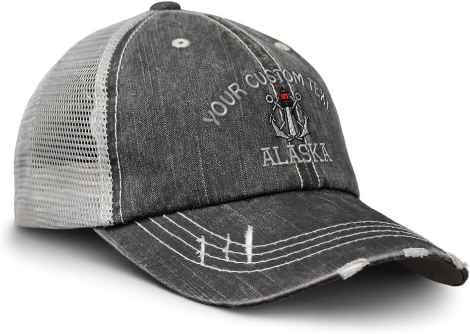 Soft Mesh Cap Hat Embroidered Anchor and Light House Alaska Embroidery Distressed Vintage Cap Cotton
