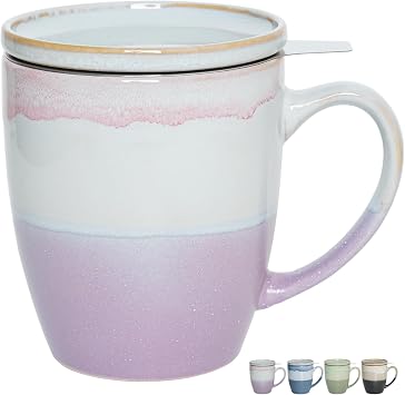 Bosmarlin Ceramic Tea Cup with Infuser and Lid, 16 Oz, 4 Colors to Choose, Dishwasher and Microwave Safe, Steeping Tea Mug with Strainer, Reactive Glaze, Purple