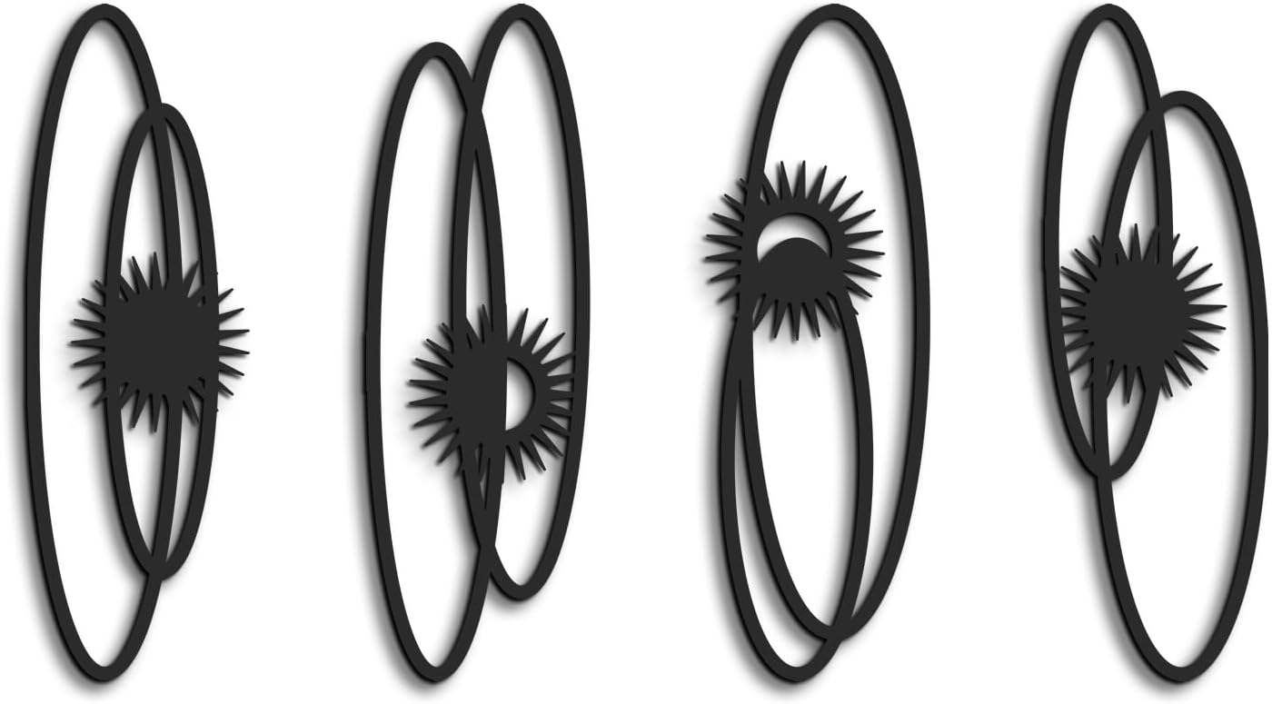 4 Pack Black Abstract Metal Wall Decor, Minimalist Line Art Sun Sculptures, Modern Geometric Decor for Living Room Bedroom, 16.5" x 5.5"