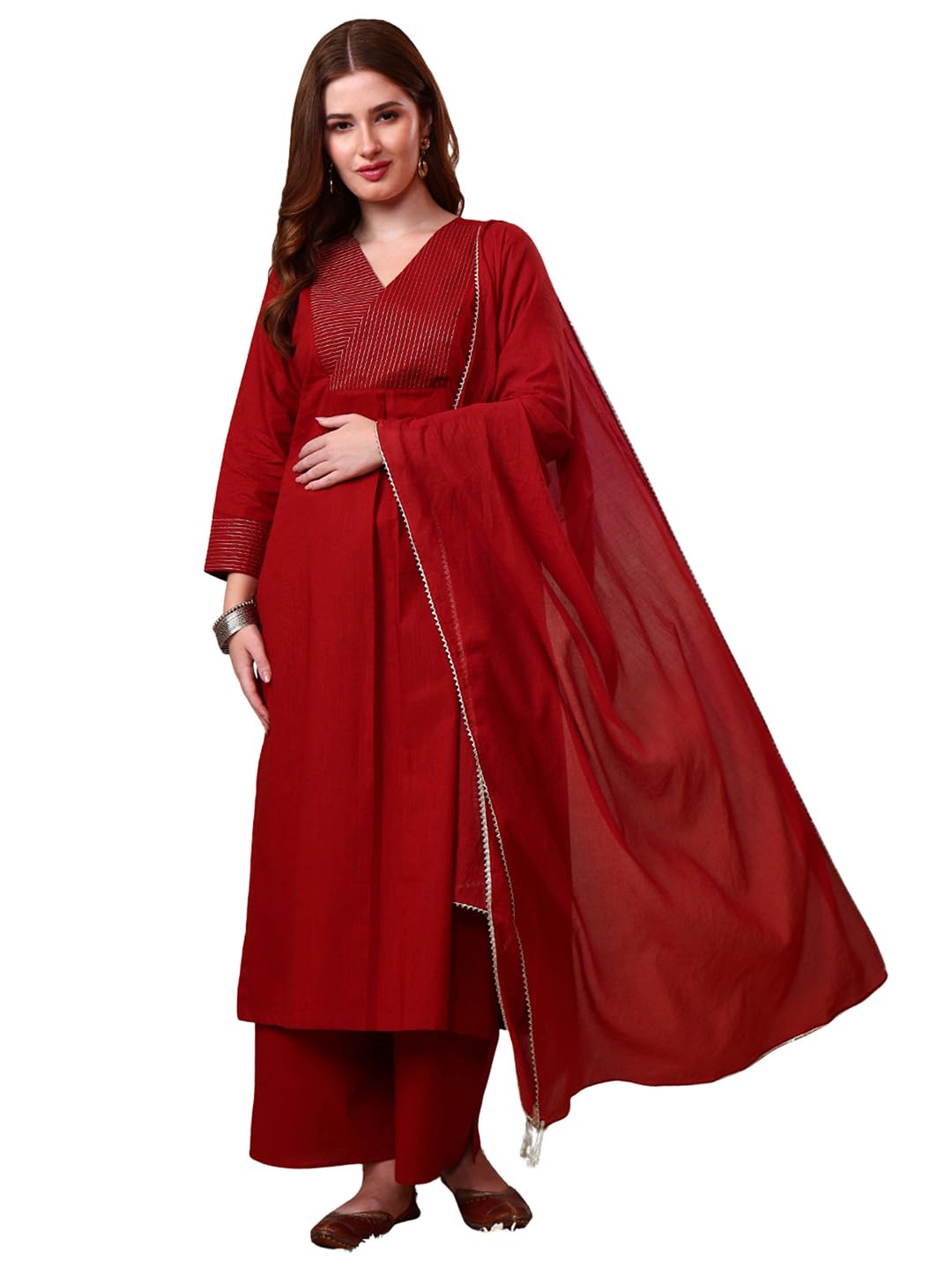 tissu Women's Cotton Slub Rust Color Zari Work Kurta Palazzo with Dupatta-picture-50