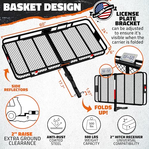 Image of Mockins 60 inchx24 inchx6 inch Heavy Duty Trailer Hitch Cargo Carrier & 25 CuFt Waterproof Cargo Bag for Hitch Carrier | 500 Lbs. Capacity Folding Luggage Rack for SUV Car Truck with Plate Bracket & Accessories
