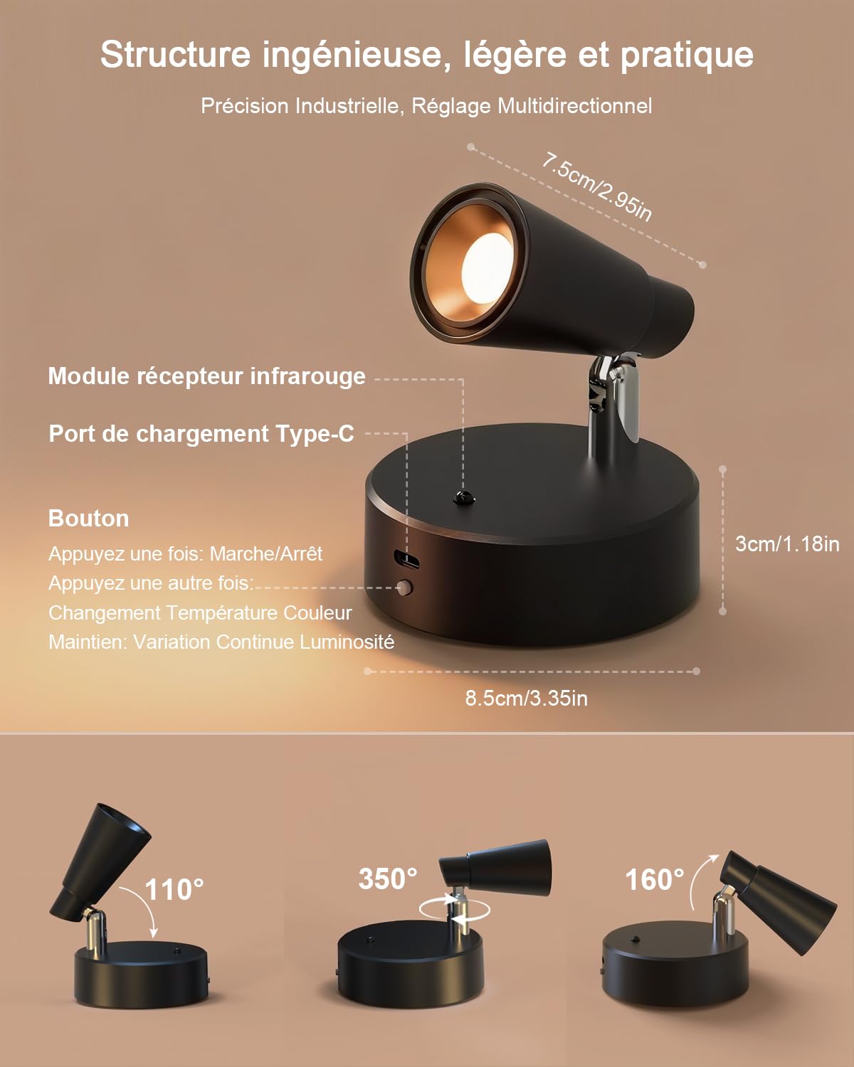 Spot LED Rechargeable 5000mAh Lot de 2 Rotation 350° avec Télécommande et Tactile Applique Murale Interieur 3 Modes Couleur