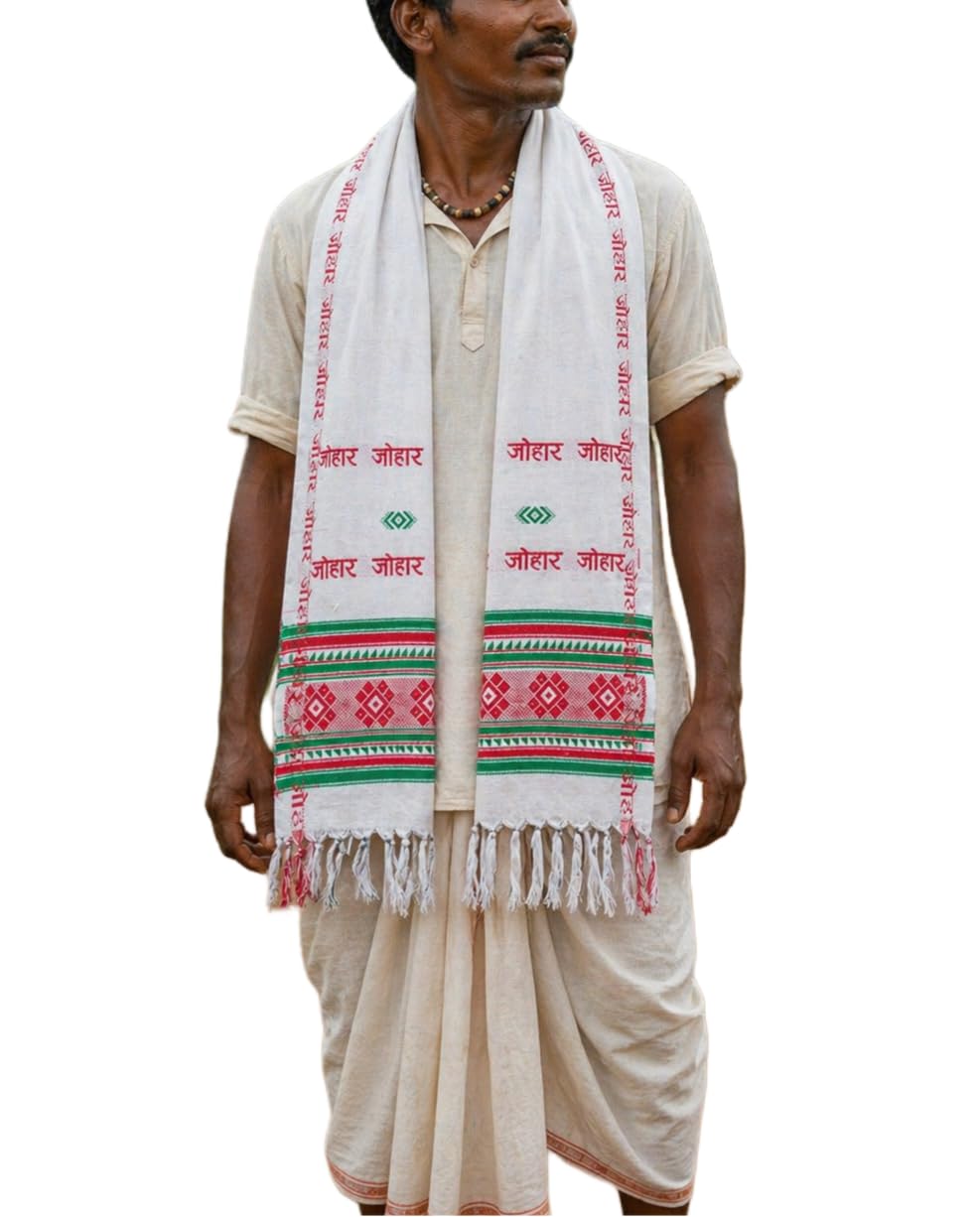 Johar Aasami Gamcha, White with Red and Green Traditional Woven Pattern, Fringed Bath Towel-image-7