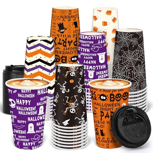 96 Pcs 48 Sets Halloween Disposable Coffee Cups 16oz Disposable Paper Cups with Lids, 6 Halloween Styles Ghost, Spooky Pumpkin. Suitable for Hot and Cold Drinks, Cosplay Party Decoration Supplies