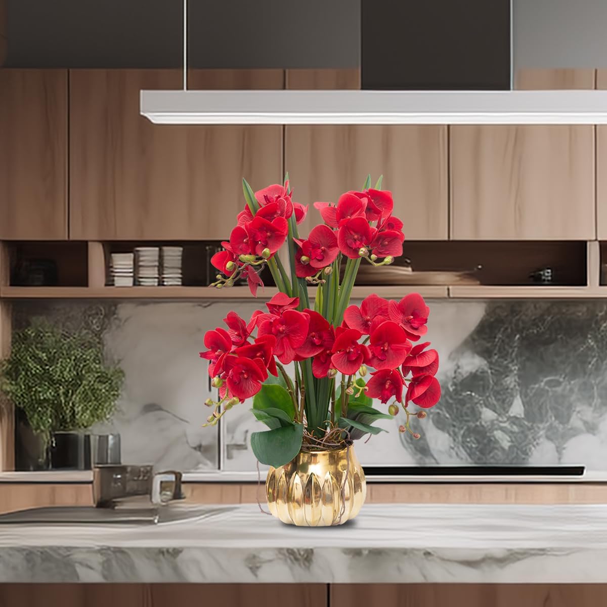 CXGS Artificial Orchid Flower Real Touch Faux Orchids in Ceramic Vase Large 22.9'' Fake Flowers Red Phalaenopsis Floral for Home Indoor Decor - Image 5