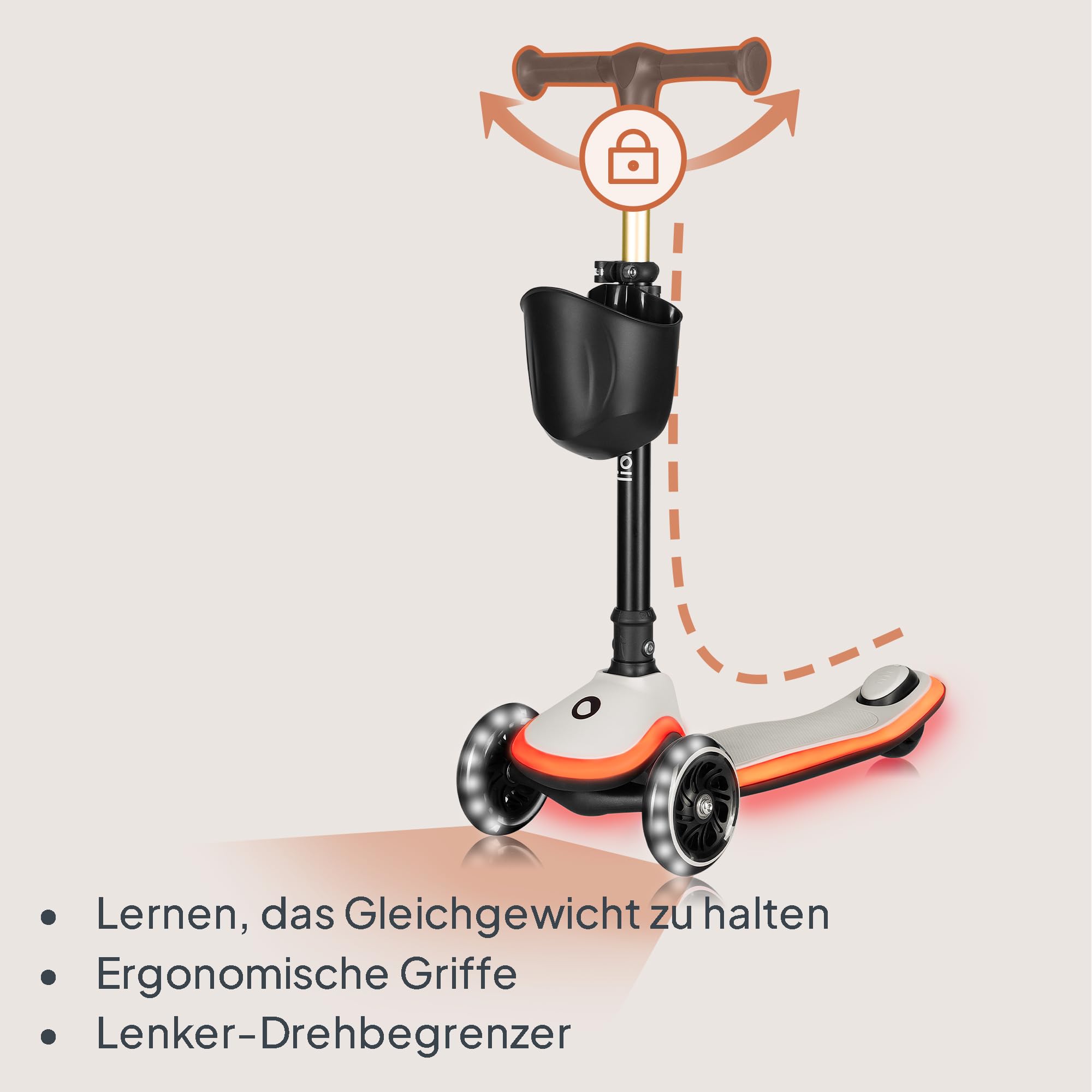 LIONELO MEY Kinder-Balance-Roller ab 3 Jahren bis 50 kg, dreirädriger Kinder-Roller mit Höhenverstellung, rutschfestes beleuchtetes Trittbrett und LED-Räder, Korb