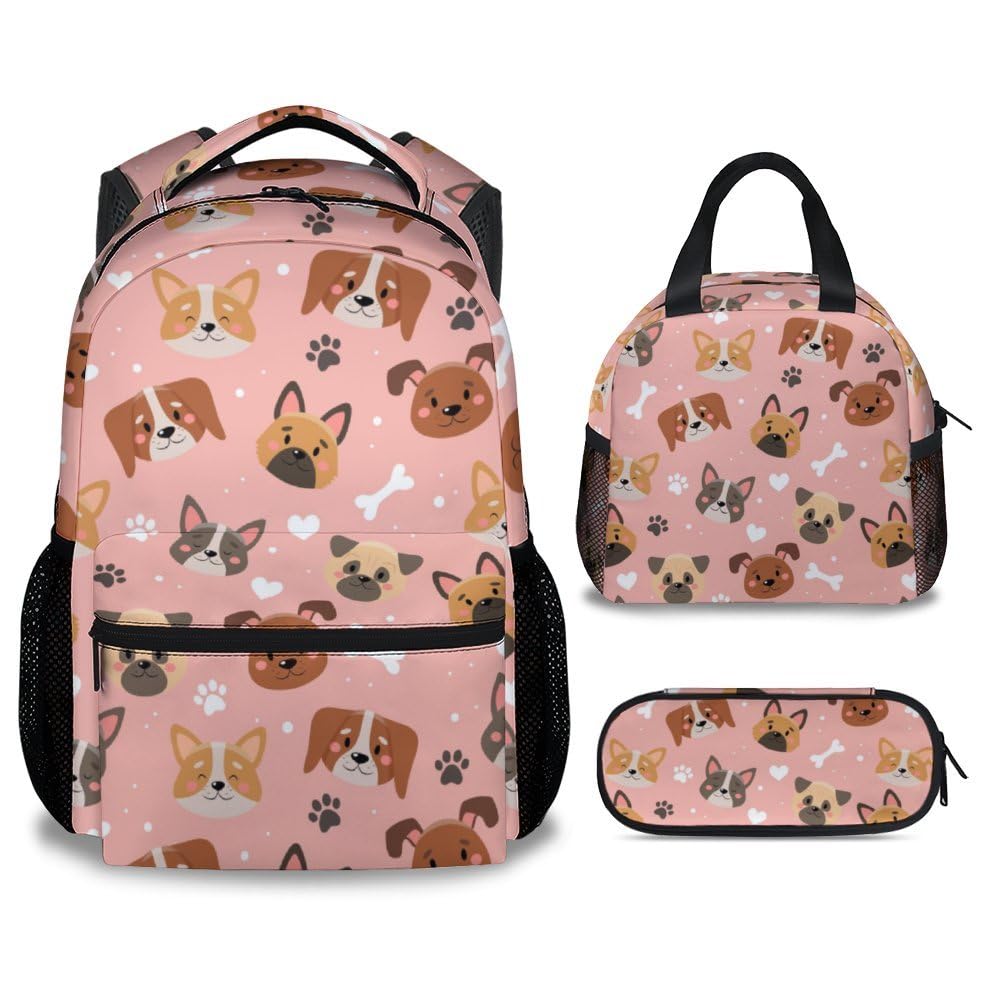 Sharecolor Dog Backpack with Lunch Box, Set of 3 School Backpacks Matching Combo, Cute Pink Bookbag and Pencil Case Bundle