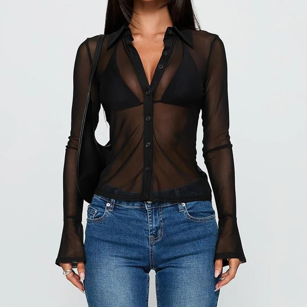 SOLILOQUY Women Sheer Long Sleeve Top Sexy Button-up Lapel Neck Flared Cuff See-Through Mesh Going Out Blouse Party Clubwear