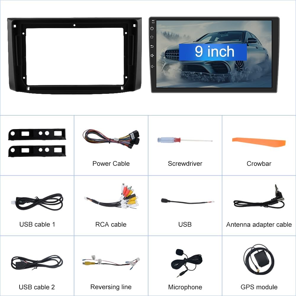 Diagram of all included components: head unit, frame, power cable, screwdriver, crowbar, USB cables, RCA cable, USB extension, antenna adapter, reversing line, microphone, GPS module.