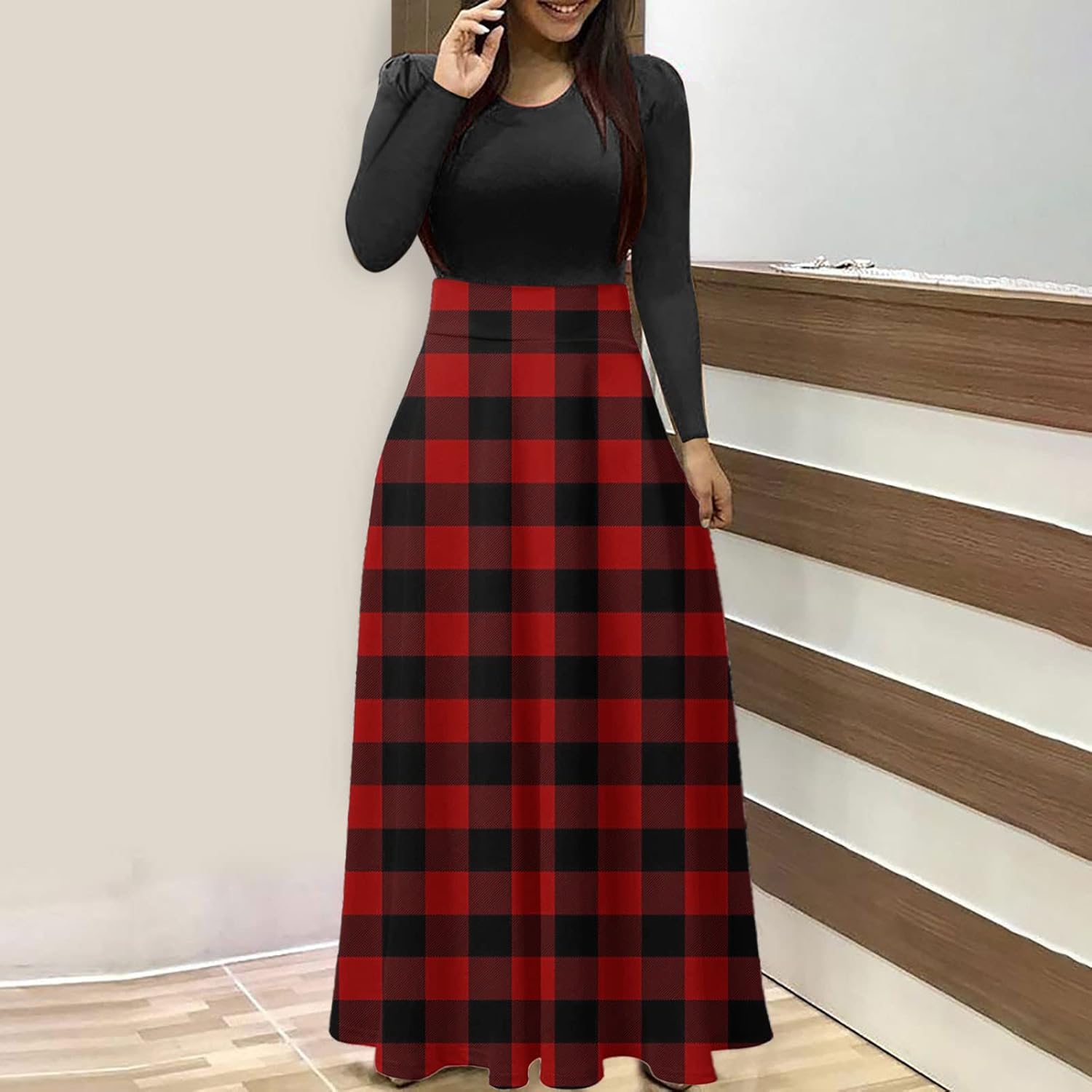 Women's Plaid Long Sleeve Empire Waist Full Length Maxi Dress Christmas Evening Party Cocktail Dresses with Pockets : Clothing, Shoes & Jewelry