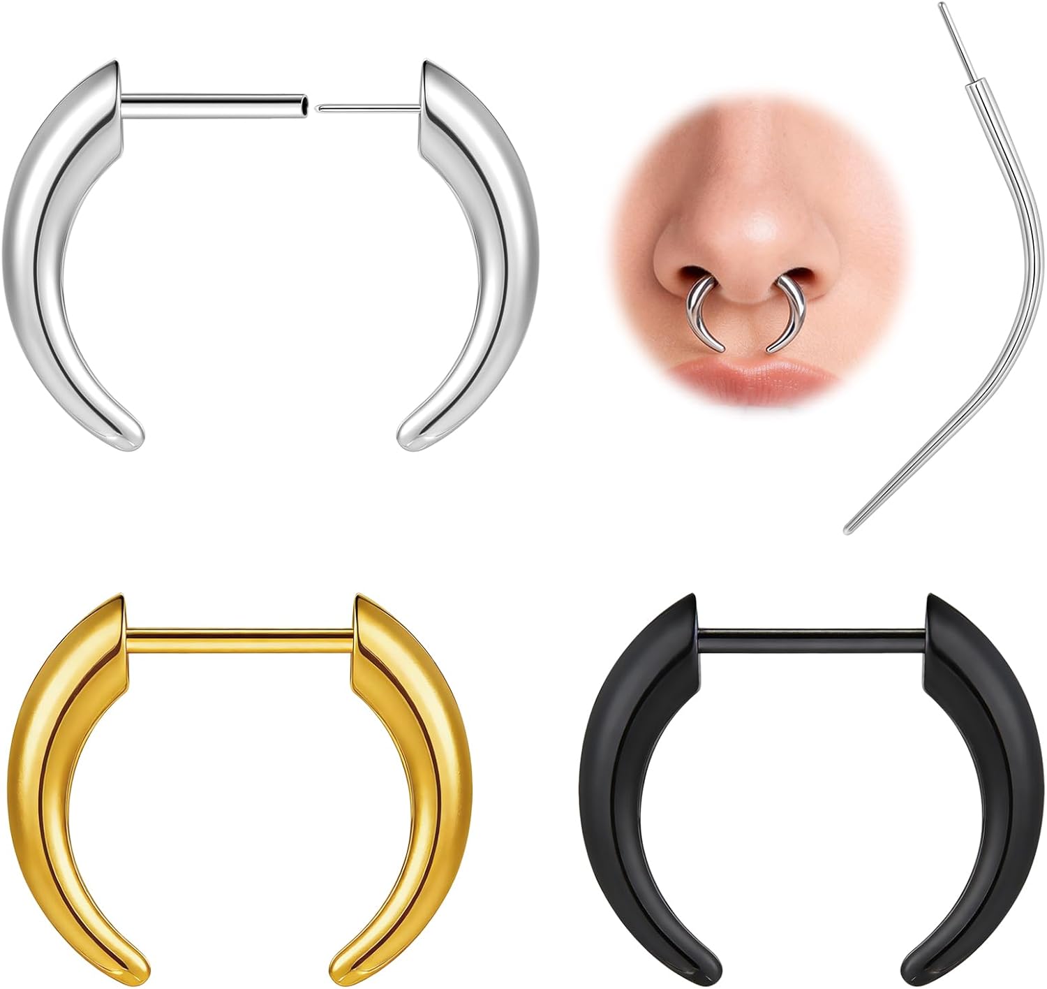 ZS Threadless Insert Fake Nose Rings - No Stretching for 16G Nose Piercing, 8mm 10mm Stainless Steel Faux Heavy Nose Rings, Fake Septum Rings for Women Men