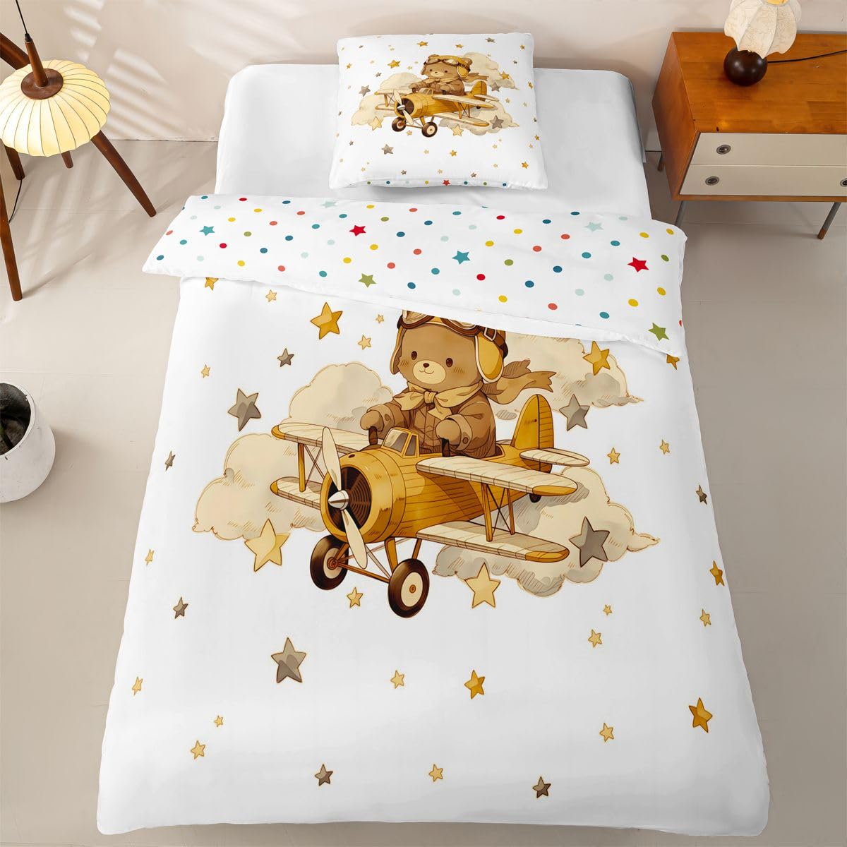 Homewish Cartoon Propellerflugzeug Bettwäsche Set 135x200 4teilig