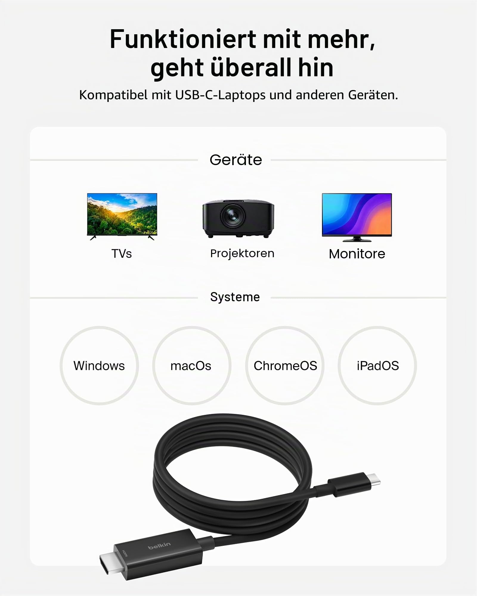 Belkin USB-C-auf-HDMI 2.1-Kabel, 2-m-Kabel für 8K bei 60 Hz, 4K bei 144 Hz, HDR, HBR3, DSC, HDCP 2.2, kompatibel mit Macbook, iPad Pro und anderen USB-C-Geräten