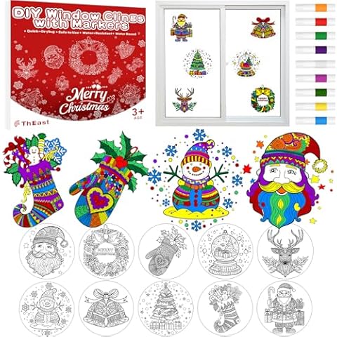 ThEast 10 Sheets Window Art Kit for Kids, Color Your Own Stickers, DIY Christmas Window Clings, Stained Glass Kit, Christmas Decorations for Window Cover