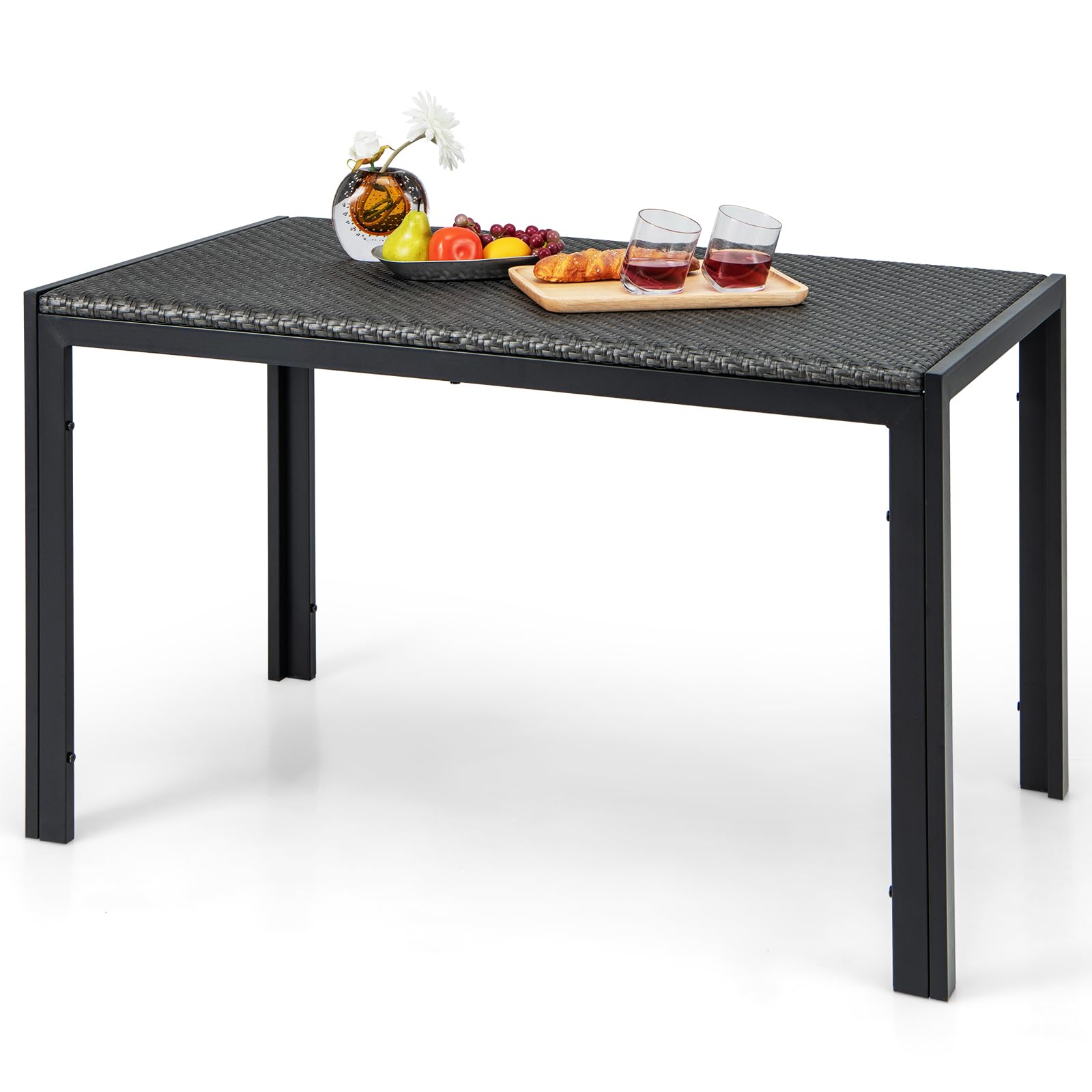 COSTWAY Mesa Jardin Exterior de Ratan, 120x71x79 cm, Mesa Rectangular Jardin para 6 Personas, Marco de Metal, Mesa Comedor Terraza Balcon Jardin Exterior