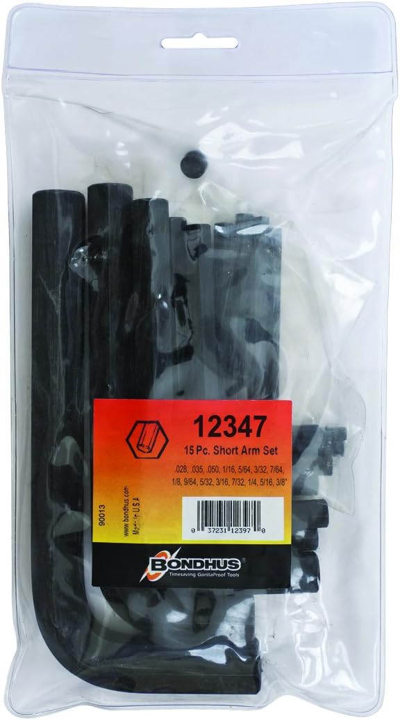 Bondhus 12347 Hex Tip Key L Wrench Set with ProGuard Finish & Short Arm In Pouch of Sizes .028-3/8", 15Piece