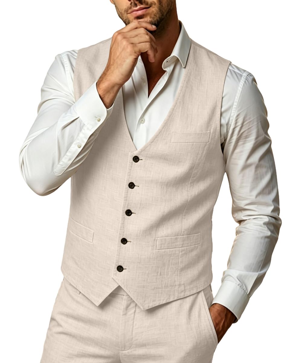 WOMS slim-fit linen-blend vest and pants set for beach weddings