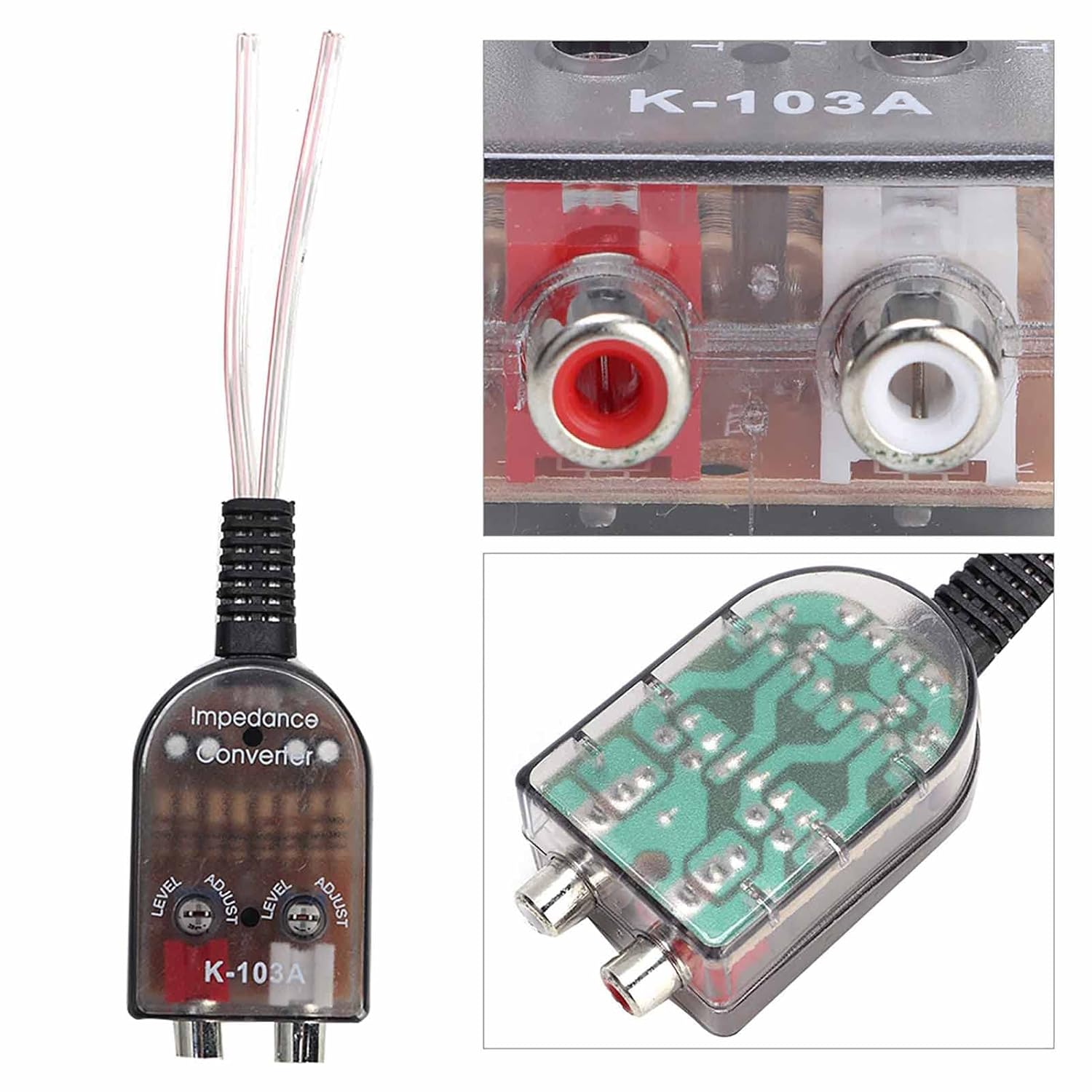 Detailed view of the Tiiyee High to Low Line Audio Impedance Converter's RCA jacks and internal circuit board