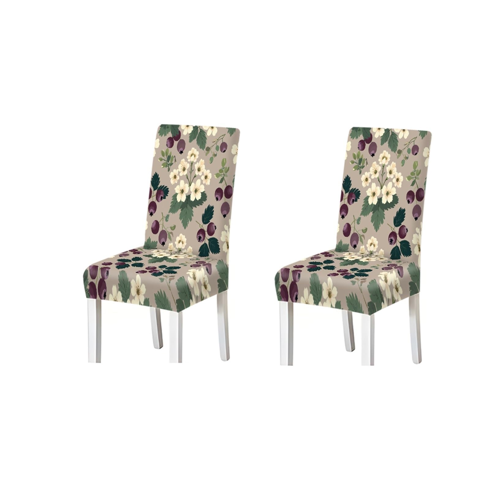 BOSUYBN Taupe Purple Berry White Flower Print Dining Chair Covers, Stretch Slipcovers For Home Kitchen Dining Room Party, 2/4/6PCS Furniture Protectors for Home Dining Room(2PCS Chair cover)
