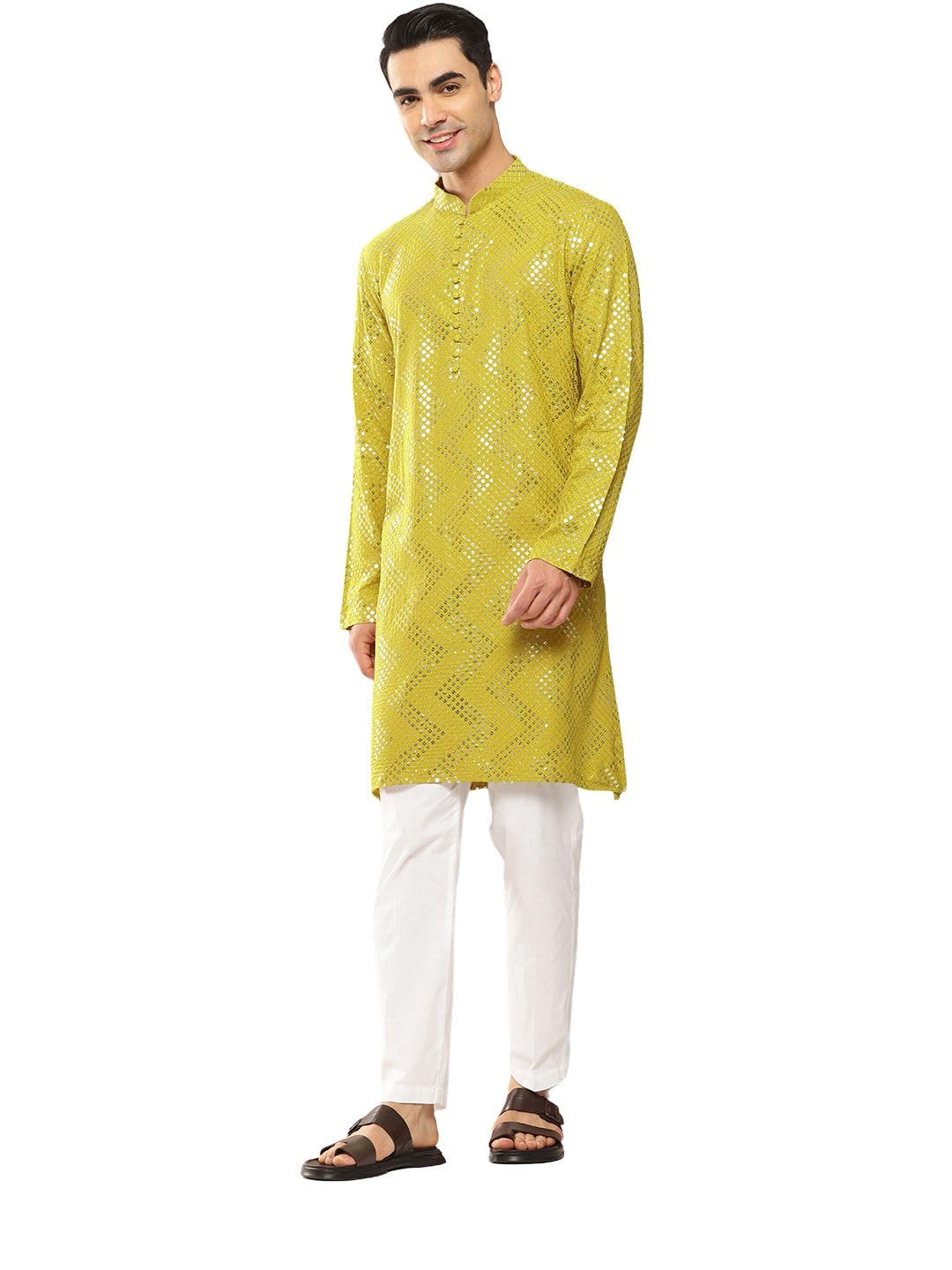 See Designs Men's Long Sleeve Lime Green Sequins Woven Design Kurta With Pyjama - Sddkt148601L