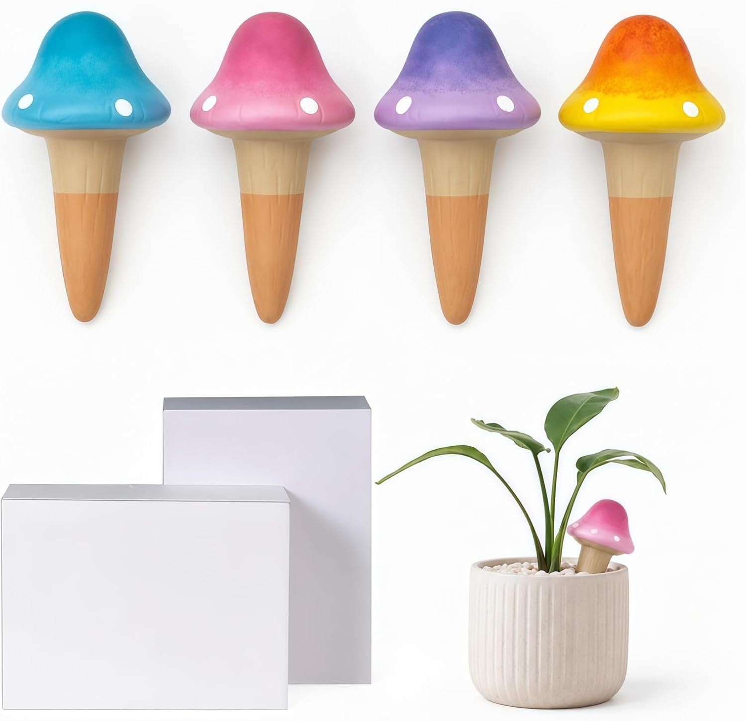 4-Pack Mushroom Terracotta Watering Spikes, Travel Plant Waterer