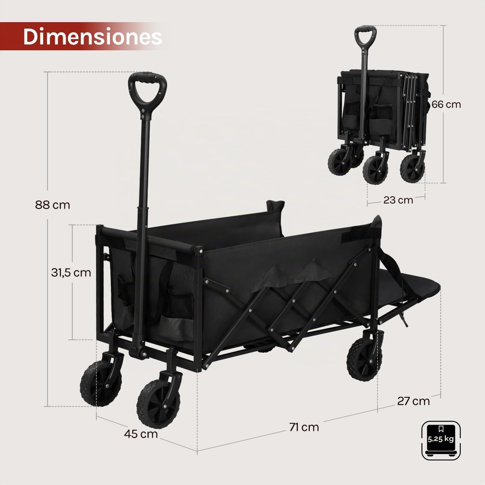 WOLTU Carrito para Jardín, Carro Plegable con Ruedas, Asa Retráctil, 2 Portavasos y Panel Trasero Plegable, Ideal para Camping y Fiestas, Metal y Tela Oxford 600D, Capacidad de Carga 150 kg, Negro