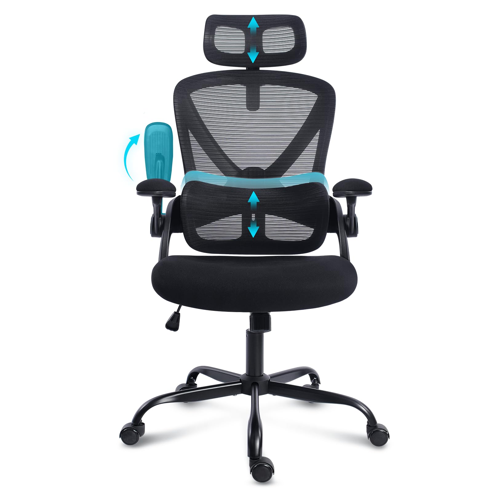 Silla de Oficina Ergonómica con Soporte Lumbar Ajustable, Reposabrazos 3D, Reposacabezas 2D, Silla Escritorio de Malla Alta Giratoria para Hogar y Oficina Estudio Gaming，Negro