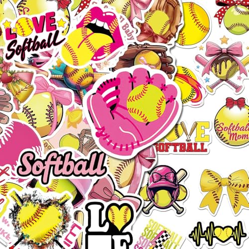 100PCS Pink Softball Stickers Motivational Vinyl Waterproof Stickers for Water Bottles Skateboard Travel Gear Teaching Incentives Sport Softball Love Gifts Softball Coquette Bow Stickers.
