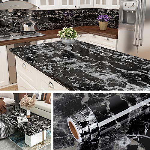 Image of Livelynine Peel and Stick Countertop Contact Paper Waterproof Kitchen Countertop Paper Black Marble Wallpaper Bathroom Counter Top Vinyl Wrap Desk Table Cabinet Covers Removable Backsplash 15.8x78.8