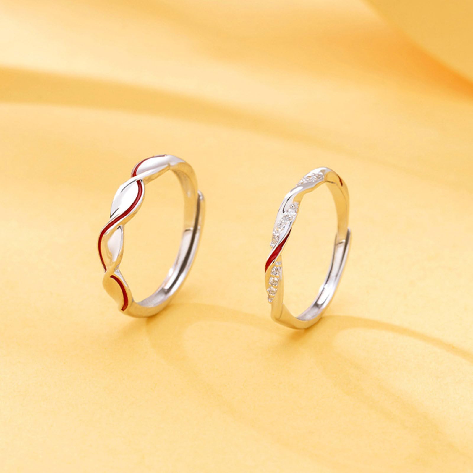 Filo Rosso Anelli, Anelli di Coppia Regolabili Argento 925 Mobius con Zirconi Fedine Fidanzamento Coppia Personalizzabili