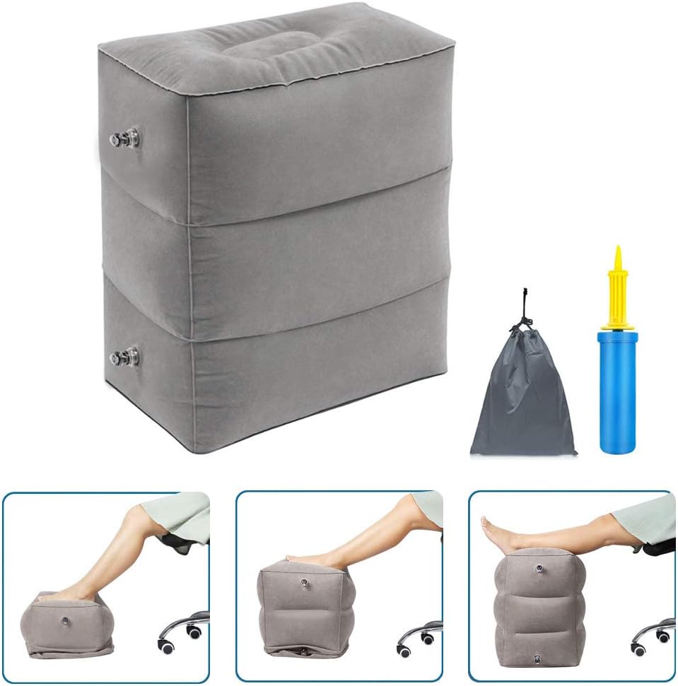 MEILE Travel Foot Rest Pillow, Portable Inflatable with Double Hand Pump Adjustable Three Layers Height Pillow for Foot Rest on Airplanes,Cars,Buses,Trains,Office Kids to Sleep (Gray,1 Pack)