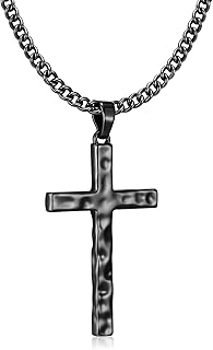 VULETO Cross Necklace for Men Boys - Hammered Cross Pendant with Cuban Chain Unique Crucifix Necklaces Christmas Christian Religious Jewelry Gifts 22+2 Inches
