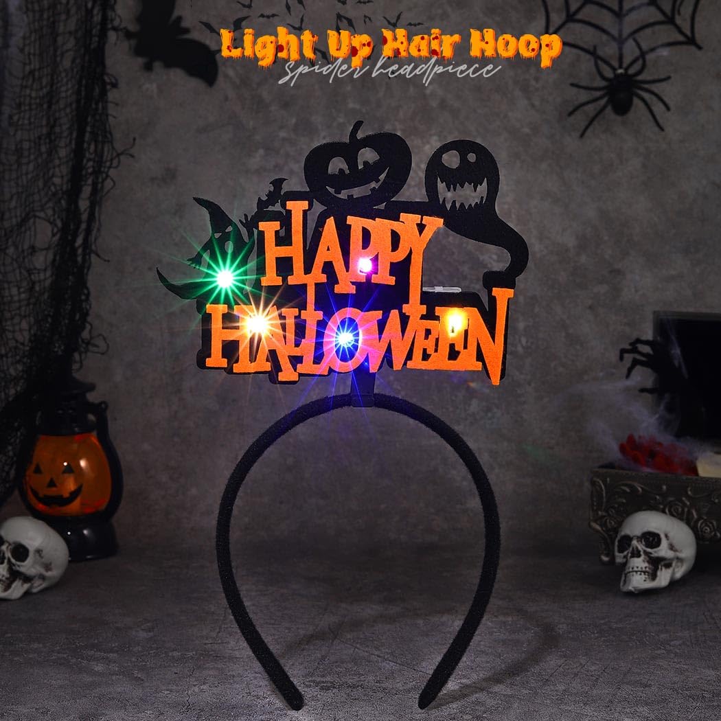 Zoestar LED Halloween Headbands Light up Glowing Headband Pumpkin Black Cat Hair Hoops Spider Web Ghost Party Costume Hair Accessories for Women,2 Pcs (Style 2) - Image 3