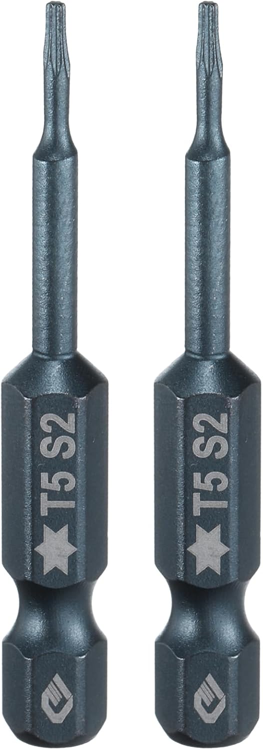 HARFINGTON 2pcs T5 Torx Screwdriver Bit 1/4" Hex Shank 2" Long S2 Steel Magnetic 6 Point Screw Driver Bits Industrial Grade Tamper Proof Star Drill Bits with No Hole Torx Head