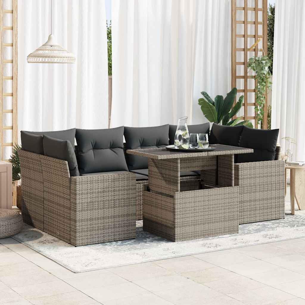 Set Divani da Giardino 7 pz con Cuscini Grigio Rattan PE in Polyrattan per Terrazza, Balcone, Patio, Veranda, Arredo Esterno, Lounge, Relax, Pranzo, Ospiti e Famiglia
