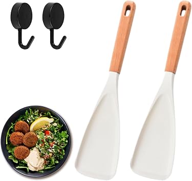 Short Wooden Handle Silicone Spatula, Cooking Spoon Spatula, Cooking Spoon for Nonstick Cookwares, Bpa-Free Matte Silicone, Wood Handle, For Mixing, Scoop, And Scrape white*2