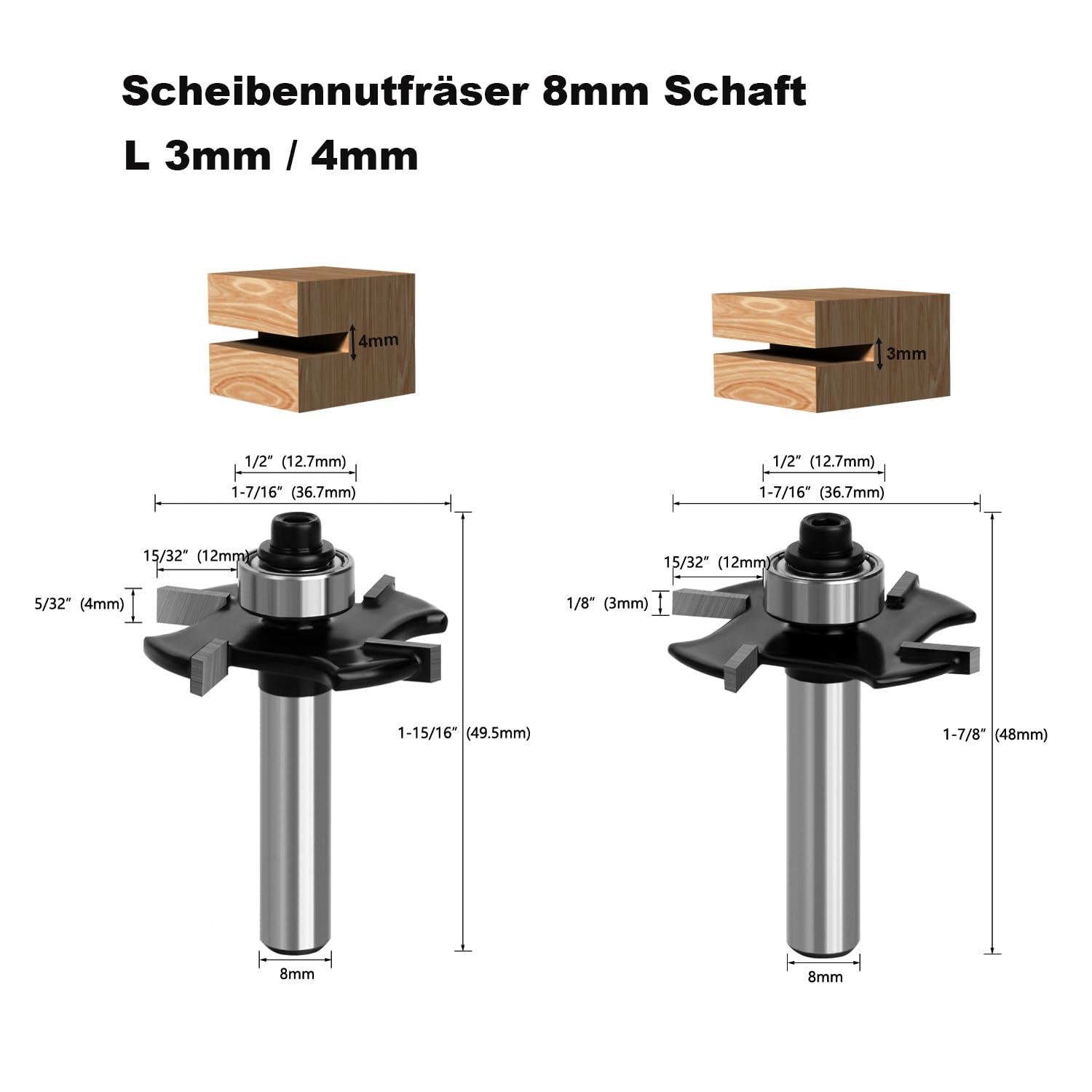 4 Stück Scheibennutfräser Fräser für Oberfräse 8mm Schaft, 36.7mm Schnittdurchmesser, 4-Zähne Hartmetall Klinge, Holzbearbeitung fur Präzise Nut- und Rillenfräserarbeit, L 3 /4 /5/ 6 mm