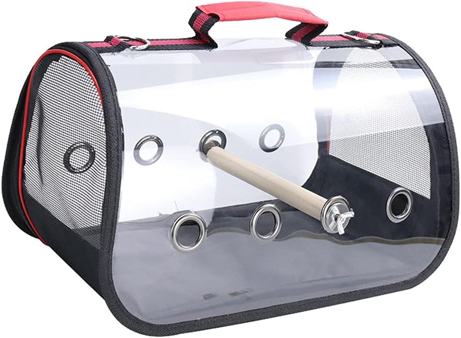 Mengyu Pet Bird Travel Bag, Portable Parrot Travel Carrier Transparent Breathable Travel Cage with Wooden Stick Stand (Black, 44 * 24 * 30cm)